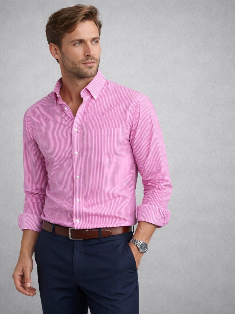 Thomas Pink Jermyn Street London Mens Pink White Striped Button Down Dress Shirt